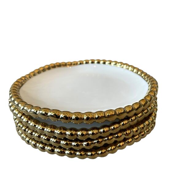 Baroque Ceramic Appetizer Plates 6in Gold Beaded Trim Set of 4 White New - Picture 4 of 11